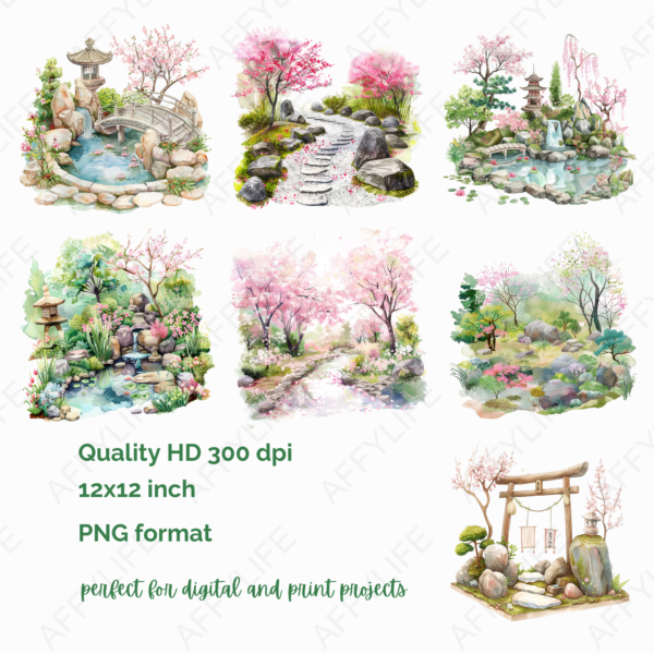 A collection of illustrated Japanese gardens featuring pink cherry blossoms, stone bridges, lanterns, and ponds. This spring garden art set is ideal for meditation art, digital planners, and peaceful landscape projects.