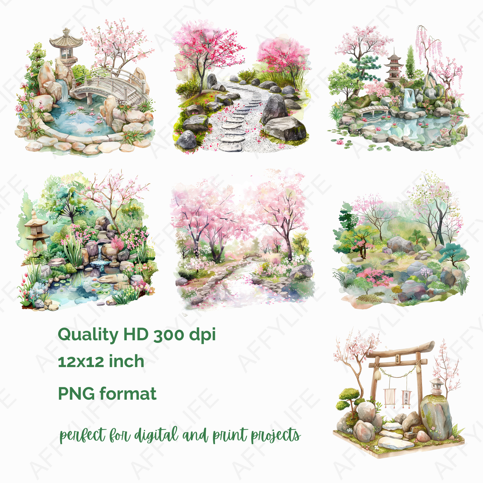 A collection of illustrated Japanese gardens featuring pink cherry blossoms, stone bridges, lanterns, and ponds. This spring garden art set is ideal for meditation art, digital planners, and peaceful landscape projects.
