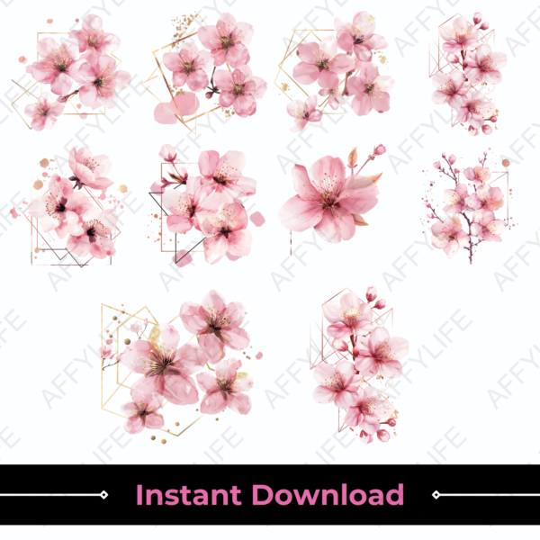 Abstract flowers clipart in a grid with pink blossoms and gold accents. "Instant Download" text displayed.