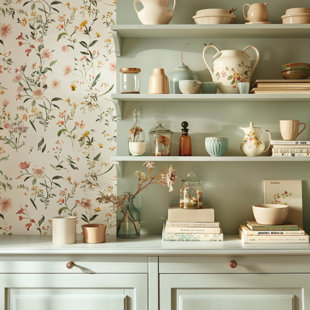 A cozy kitchen scene with pastel shelves displaying vintage teapots, books, and jars. Floral wallpaper adds a charming backdrop, evoking warmth.