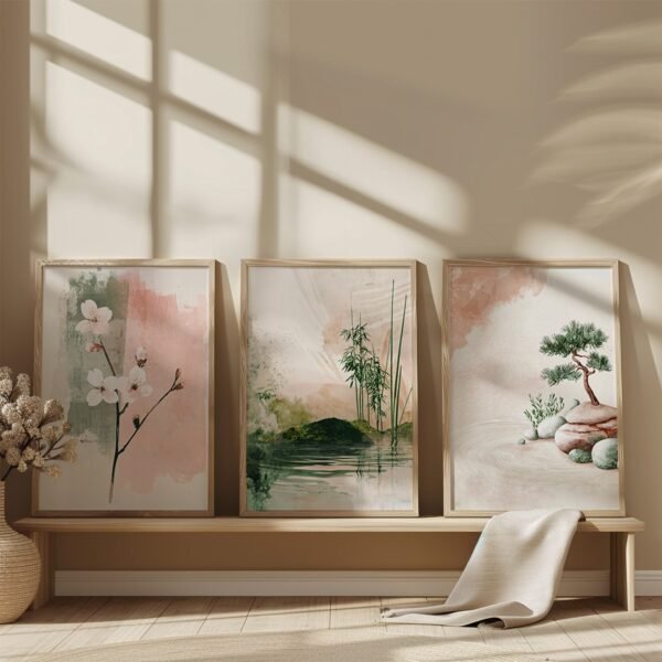Three framed Spring Japandi Wall Art Set of 3 prints depicting cherry blossoms, bamboo over water, and a bonsai on rocks, displayed on a wooden bench with soft sunlight.