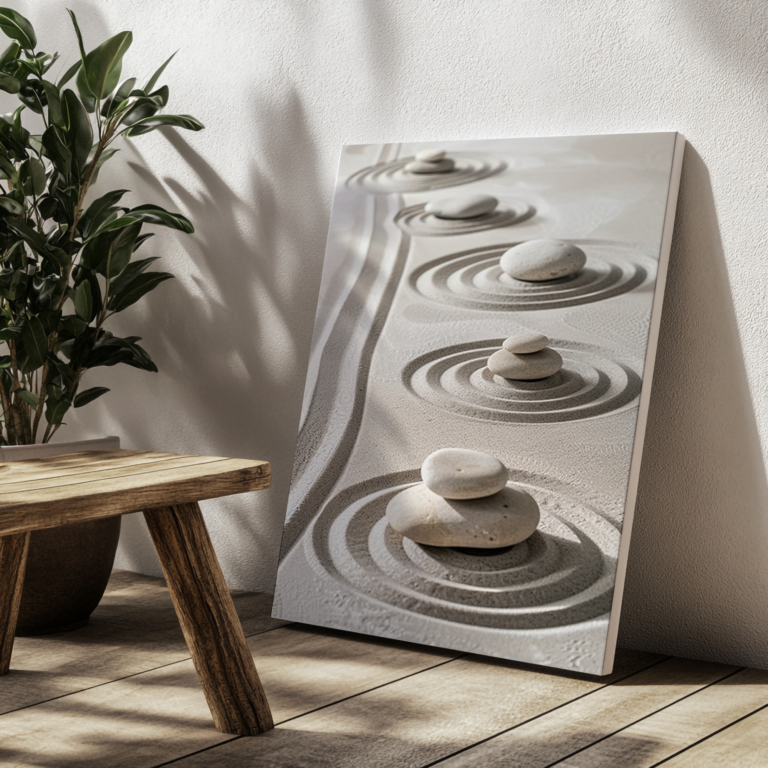 This Zen Garden Print features stacked pebbles on raked sand with concentric circles. It is displayed on a sunlit floor near a leafy plant and wooden bench, creating a calm and harmonious ambiance.