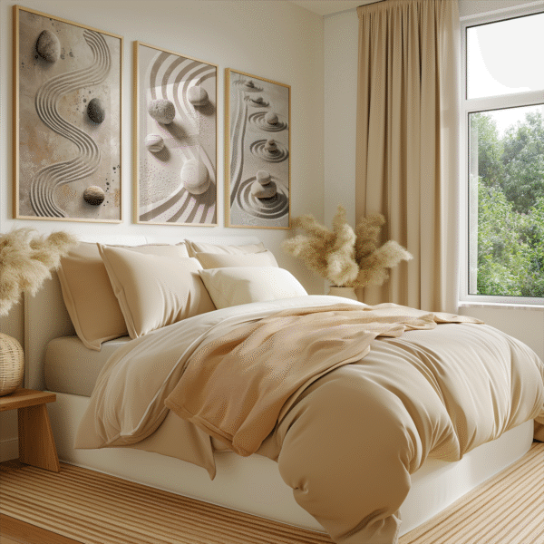 Beige-toned bedroom with earth-colored bedding and striped rug. Above the bed, three framed Zen Garden Print artworks with sand patterns and stones create a calm ambiance.