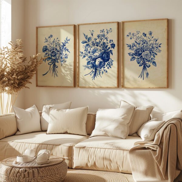 Warm living room with a beige sofa, wicker coffee table, and three framed Antique Blue Toile Prints of blue florals on the wall.