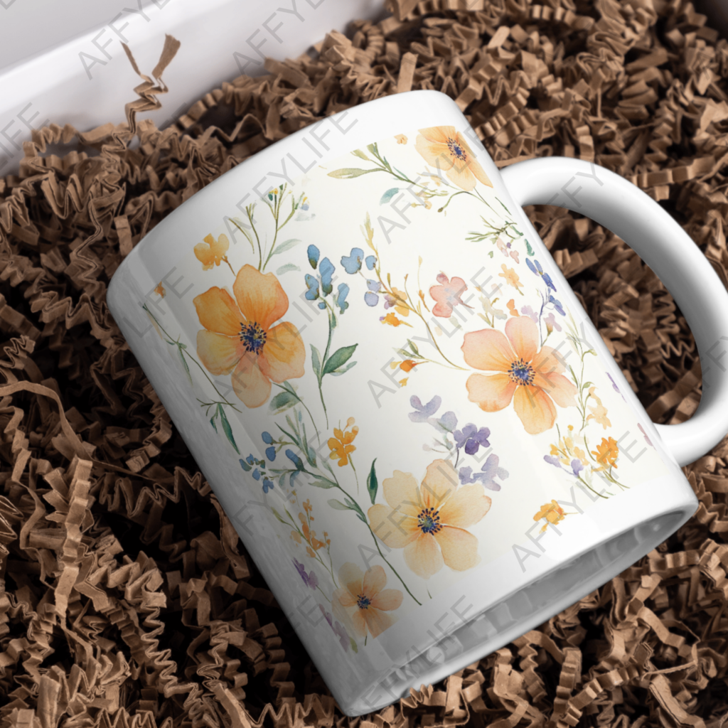 A white mug with a colorful floral pattern is placed in a box lined with protective filler. This is a perfect example of the creative use of pastel floral seamless patterns.
