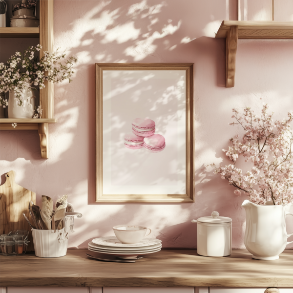 Pink Coquette Wall Art: This macaron print is in a wooden frame above a rustic kitchen counter with wooden cabinets. The artwork adds a playful and charming touch to the kitchen decor.