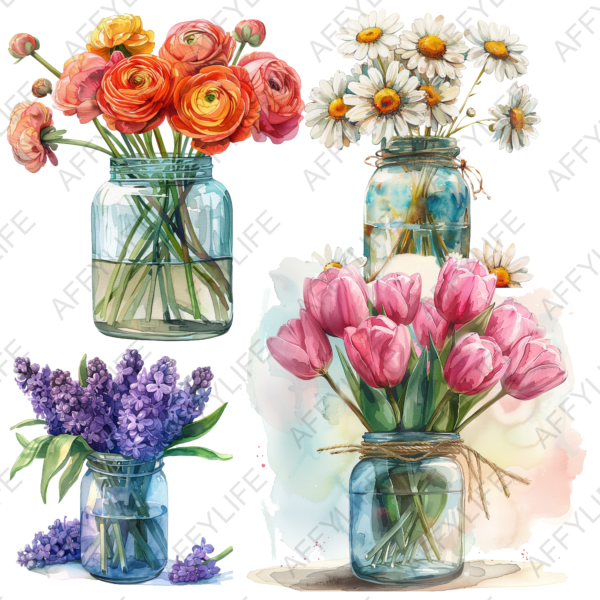 Four watercolor spring flower bouquets in transparent glass vases featuring colorful seasonal blooms. Perfect for digital designs, handmade cards, and creative scrapbooking.