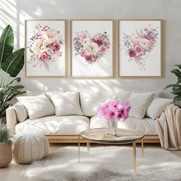 Three pastel floral posters in light frames above a sofa in a Scandinavian living room. Green plants stand beside the couch, and pink gerberas adorn the coffee table.