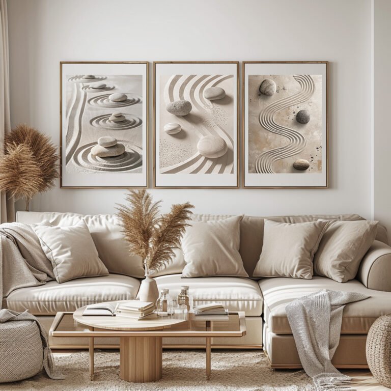 A cozy living room with a beige sofa adorned with neutral pillows. Above, three framed Zen Garden Prints featuring sand and stone patterns enhance the tranquil and minimalist decor.