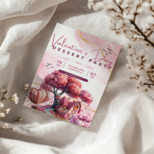 Valentine’s Day dessert party invitation with pink trees, hearts, and event details on white fabric.
