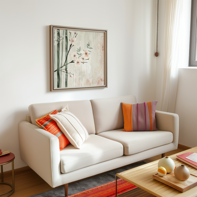 This cozy living room features a beige sofa, vibrant orange, and striped cushions. A floral painting, available for free download, adds serenity to the bright, airy ambiance.