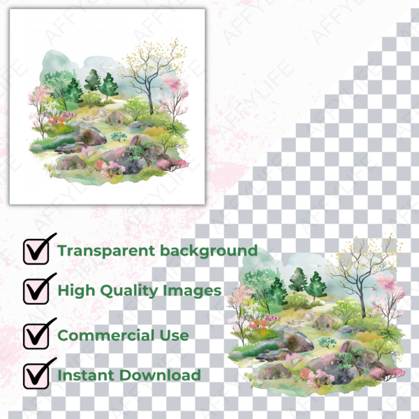 This scenic landscape illustration features trees, rocks, and bushes in pastel hues. The text overlay reads: "Transparent background," "High-Quality Images," "Commercial Use," and "Instant Download," emphasizing the versatility of this Japanese clipart set.