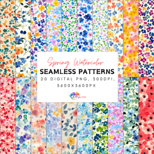 All 20 Spring Watercolor Seamless Patterns are displayed with the package title and specifications in the center.