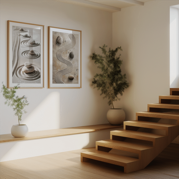Minimalist white wall featuring two framed Zen Garden Print artworks above a wooden bench. Two potted plants nearby emphasize serenity and balance.