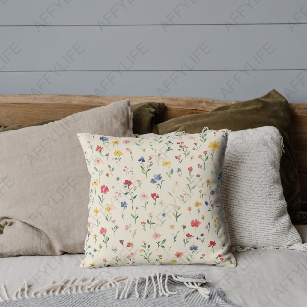 A rustic wooden bed with beige bedding, a throw blanket, and a small floral-patterned pillow. The seamless pastel floral pattern adds a soft, romantic touch.