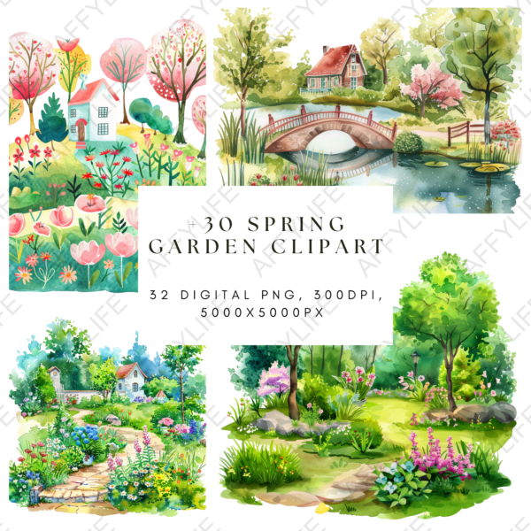 A preview of the 43 spring garden clipart elements in the Spring Clipart & Pattern Bundle, featuring flowers, plants, and gardening tools. Includes details on resolution and format.