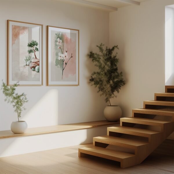 Minimalist room with wooden stairs, potted plants, and two framed Spring Japandi Wall Art Set of 3 nature paintings on a white wall, creating a calm, airy mood.