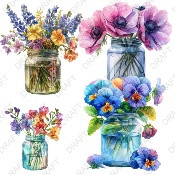This is another set of four watercolor spring flower bouquets in transparent glass vases featuring soft pastel blooms. They are ideal for DIY cards, digital scrapbooking, and creative projects.