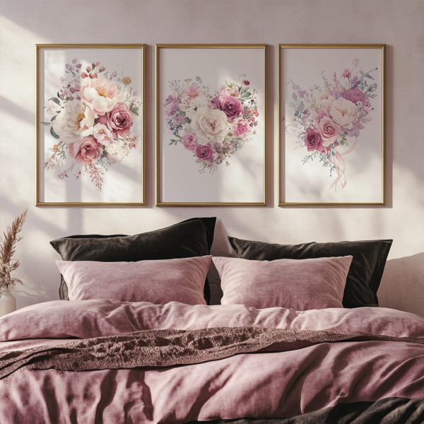 In a pink and brown bedroom, three pastel floral posters in gold frames are displayed above the bed. The romantic decor adds elegance and charm to the cozy space.