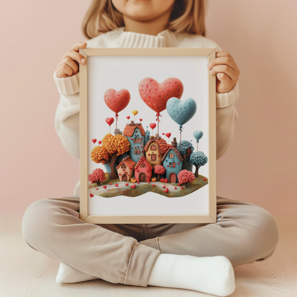 A child holding a whimsical Valentine’s illustration of a cozy village with colorful heart-shaped balloons.