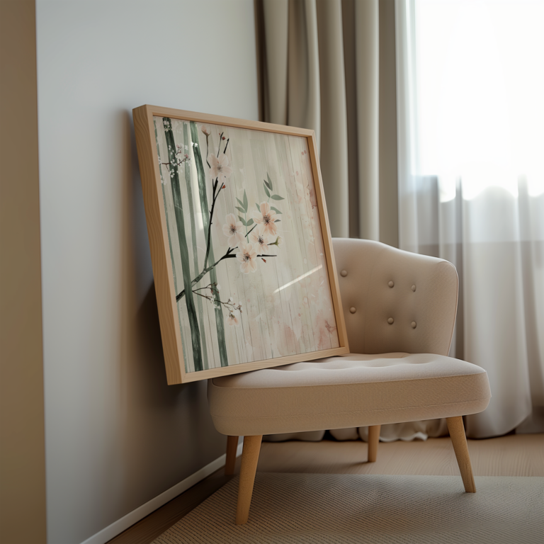 A framed floral painting with soft pink blossoms leans against a beige-upholstered chair by a wall. The artwork, available for free download, is framed in sunlight and filters through sheer curtains.