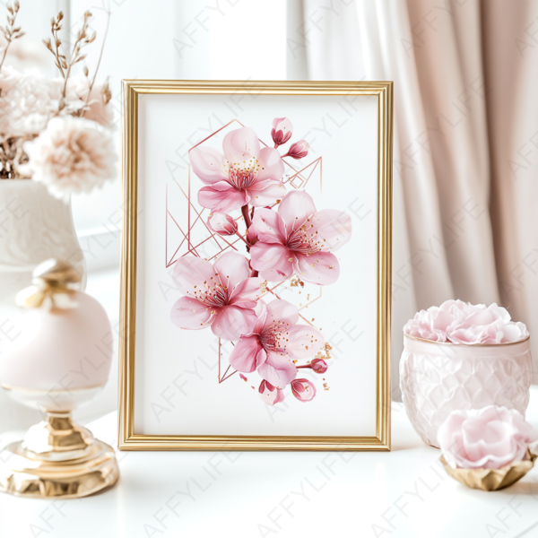 Abstract flowers clipart framed as artwork with pink cherry blossoms and gold accents, surrounded by candles and decor.