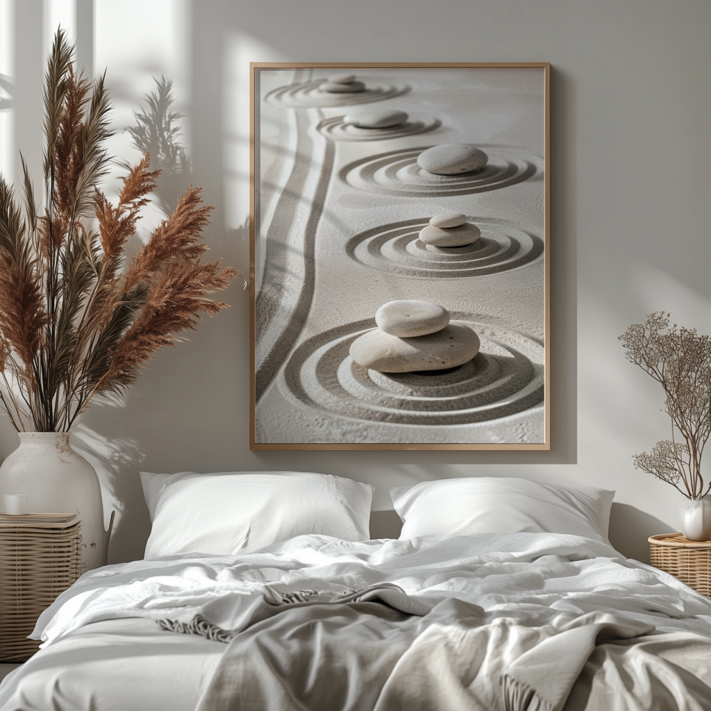 A serene bedroom with white bedding and pampas grass features a large framed Zen Garden Print featuring smooth stones on sand ripples, adding a calming and natural aesthetic.