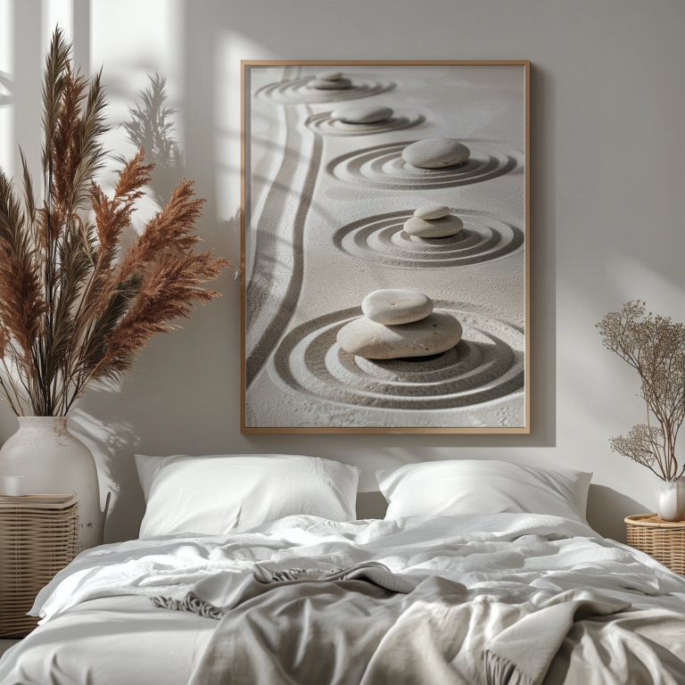 A serene bedroom with white bedding and pampas grass features a large framed Zen Garden Print featuring smooth stones on sand ripples, adding a calming and natural aesthetic.