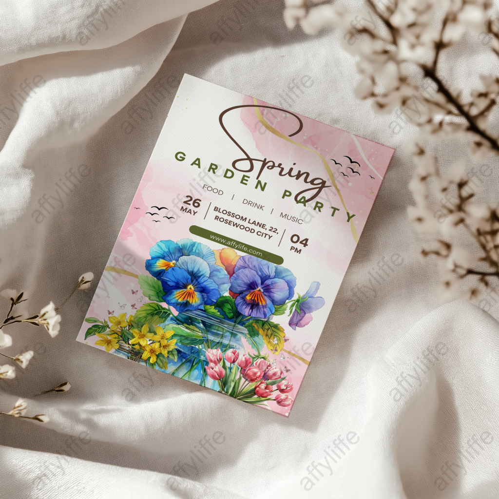 A spring garden party invitation decorated with watercolor floral clipart bouquets. A perfect example of using the clipart set for elegant and seasonal event invitations.