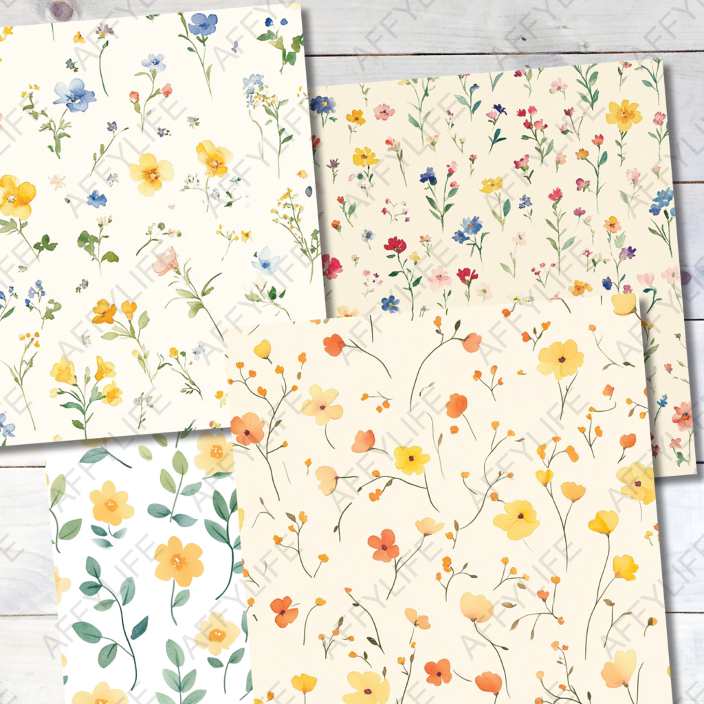 Four seamless floral patterns are displayed on a white wooden table. Each design features pastel floral motifs in blush, beige, and yellow tones.