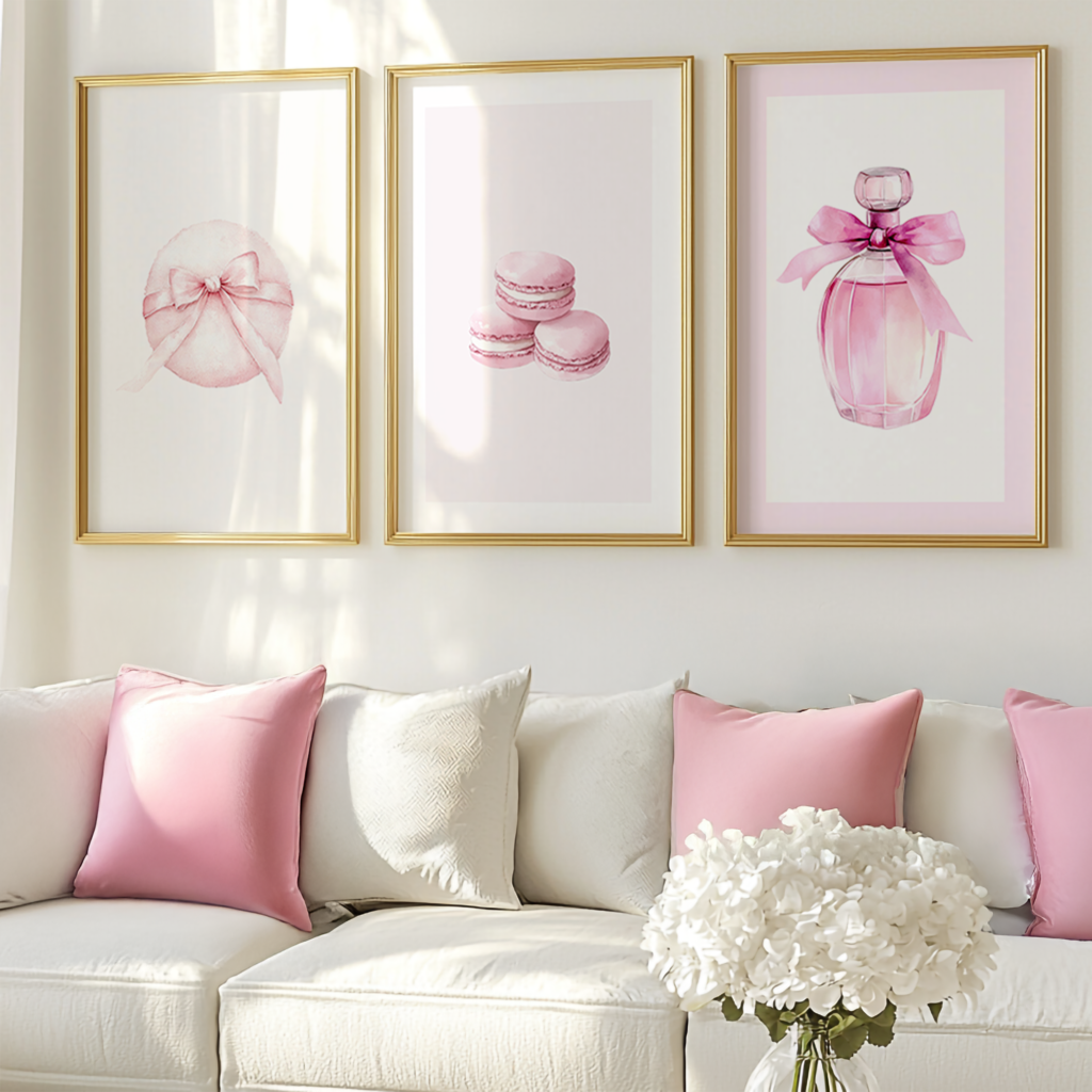 Pink Coquette Wall Art Set: Three gold frames are above a white sofa with white and pink pillows. The perfume, macarons, and powder puffs add a chic, romantic vibe.
