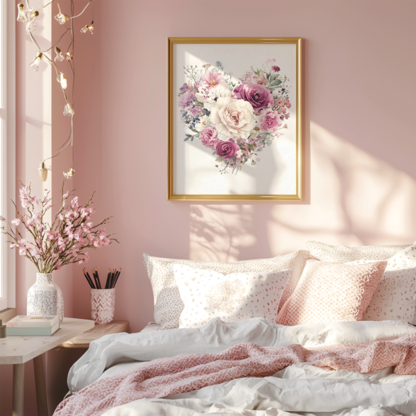A pastel floral poster in a gold frame displayed above a bed in a teen girl’s pink bedroom, next to a window.