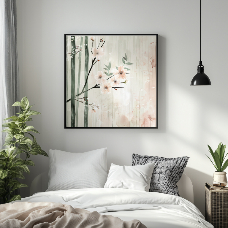 A cozy bedroom with white bedding and soft pillows. A large framed cherry blossom painting, available for free download, adds a serene touch to the bright, airy space.