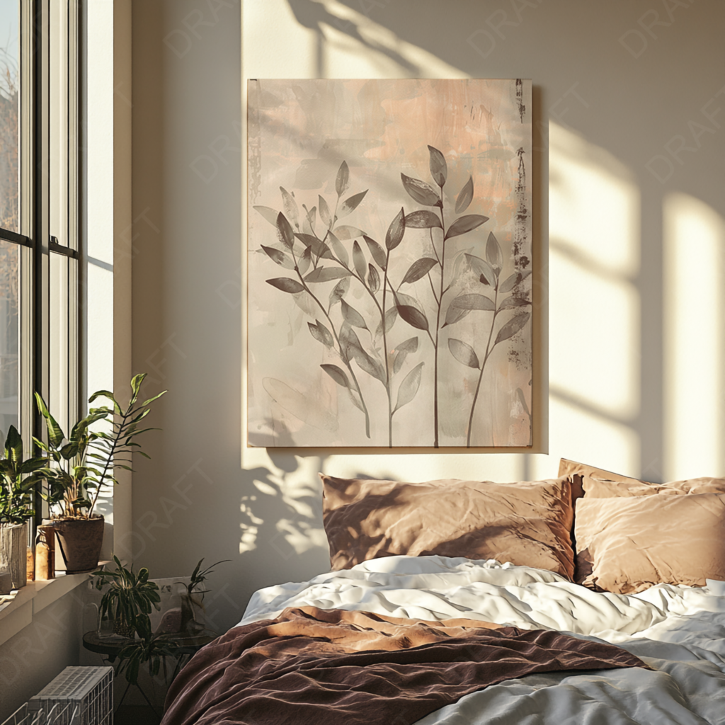 A cozy bedroom with a leafy botanical painting in neutral tones above a bed with brown pillows. A plant by the window adds warmth to the serene, Japandi-inspired decor.