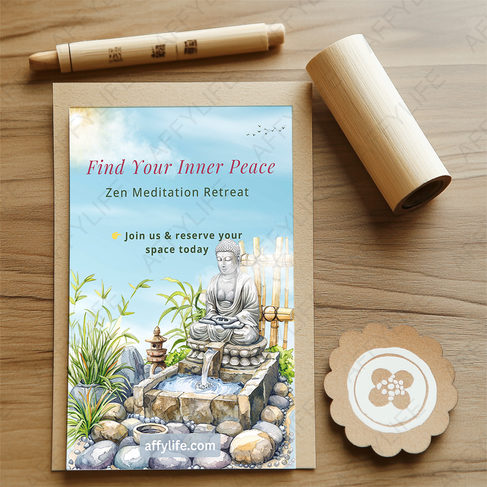This is a flyer for a Zen meditation retreat on a wooden table. It features a serene Buddha clipart with a water fountain, bamboo, and lush plants. The text reads, "Find Your Inner Peace," inviting reservations for a tranquil experience.