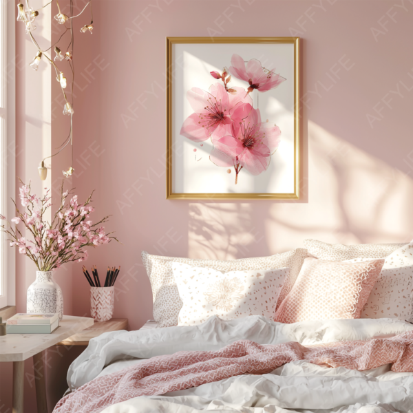 Cozy bedroom with pink walls, a framed floral artwork of abstract pink blossoms, and cherry blossom decor