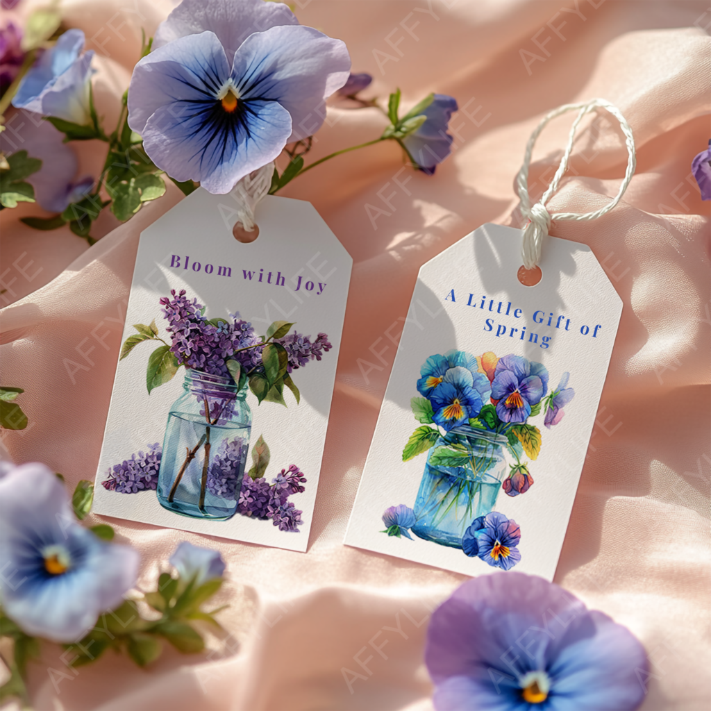 Two gift tags, tied with white string, feature watercolor floral clipart. One reads, "Bloom with Joy," and the other, "A Little Gift of Spring." They are perfect for seasonal gift wrapping.