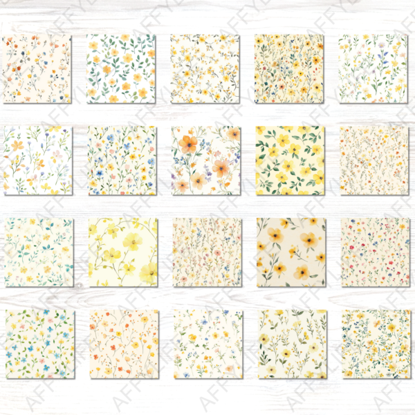 All 20 seamless floral patterns are displayed as small squares on a white wooden background. The set features a variety of soft, pastel designs.