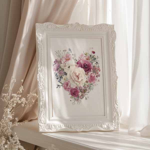 A romantic pastel floral poster in a white vintage frame, placed on a windowsill in front of a curtain, with white dried flowers beside it.