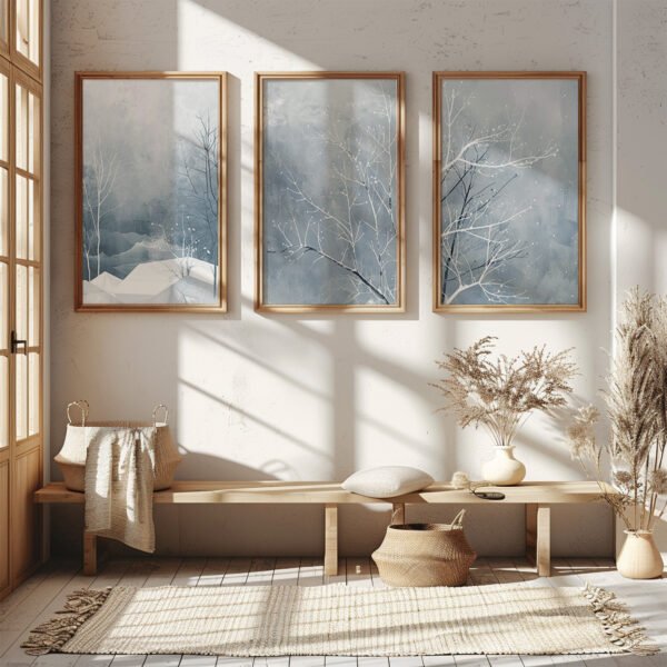 Minimalist room with warm sunlight and three framed winter landscape paintings above a wooden bench with woven baskets and dried plants.