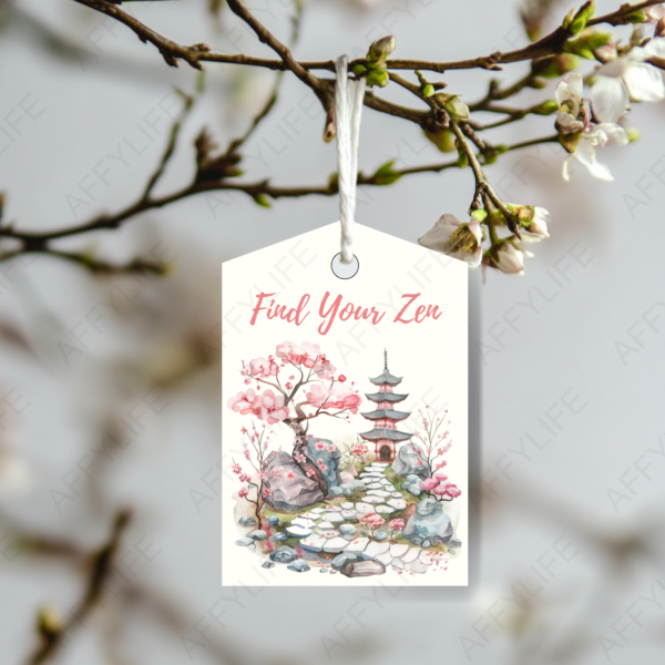 A decorative tag with "Find Your Zen" text hanging from a blooming branch. The design features a peaceful Japanese clipart scene with cherry blossoms, a pagoda, and a serene landscape, perfect for meditation art and botanical decor.
