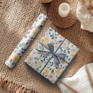 A floral-patterned gift wrapped with a bow is placed on a rug next to a roll of matching gift wrap.