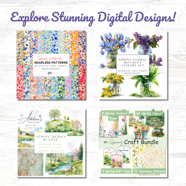 A digital product image featuring one floral pattern and three spring-themed clipart. Ideal for DIY projects, invitations, and creative digital designs.