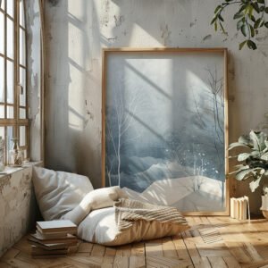 Large framed winter landscape painting with bare trees leans against a textured wall. Sunlight streams through a window, illuminating a cushion and plants.