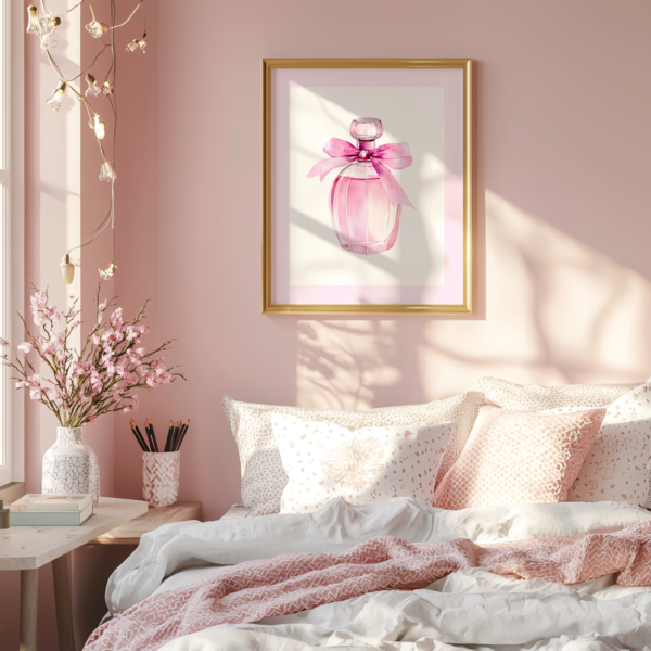 Pink Coquette Wall Art – gold frame with a print above the bed in a cute teen girl’s room. The romantic design adds a fun, feminine, and elegant touch to the decor.