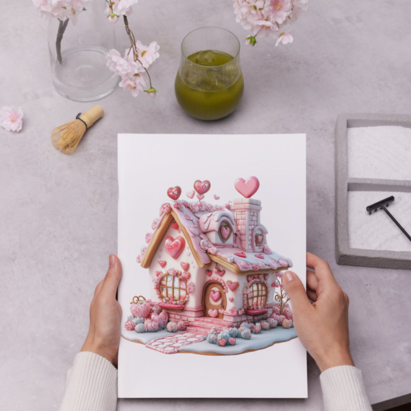 Pink heart-themed cottage illustration surrounded by cherry blossoms, green tea, and a whisk for a serene atmosphere.