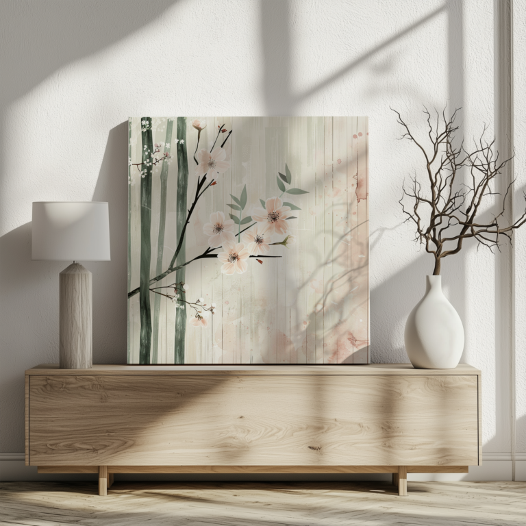 A minimalist room with a light wood sideboard. A floral cherry blossom painting, available for free download, rests atop, accompanied by a lamp and vase with bare branches.