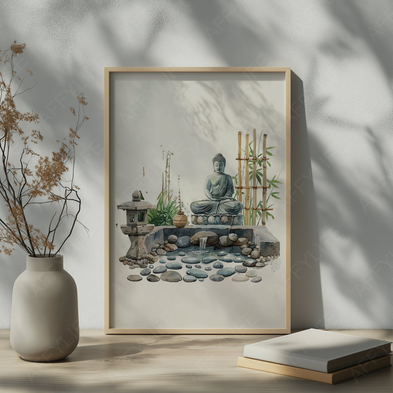 A framed watercolor painting of a peaceful Zen garden with a Buddha statue, bamboo, and a stone lantern. Placed on a wooden table with soft shadows and a nearby vase, this Japanese clipart design embodies meditation and tranquility.