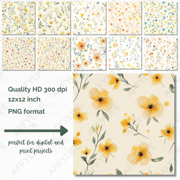 There are ten small floral pattern squares and one larger one, each with a central text overlay detailing the product specifications and suitability for digital projects.