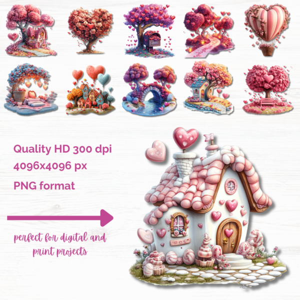High-quality digital Valentine’s clipart with heart-shaped trees, hot air balloons, and charming houses.